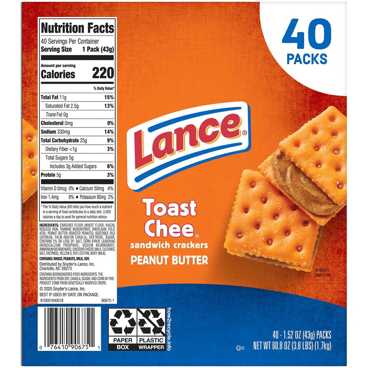 미국직구 Lance ToastChee Peanut 견과 43g / Lance ToastChee Peanut Butter Crackers, 43g, 40 pk. 5