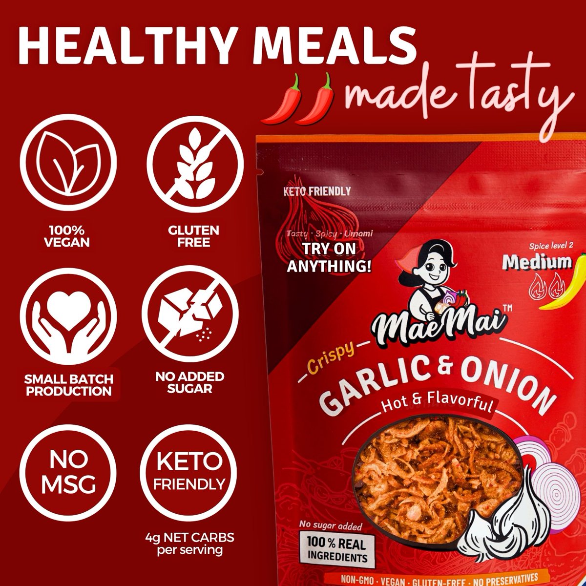 미국직구 MaeMai Medium Hot 90g / MaeMai Medium Hot Crispy Onion & Garlic Thai Chili Crisp, 90g 5
