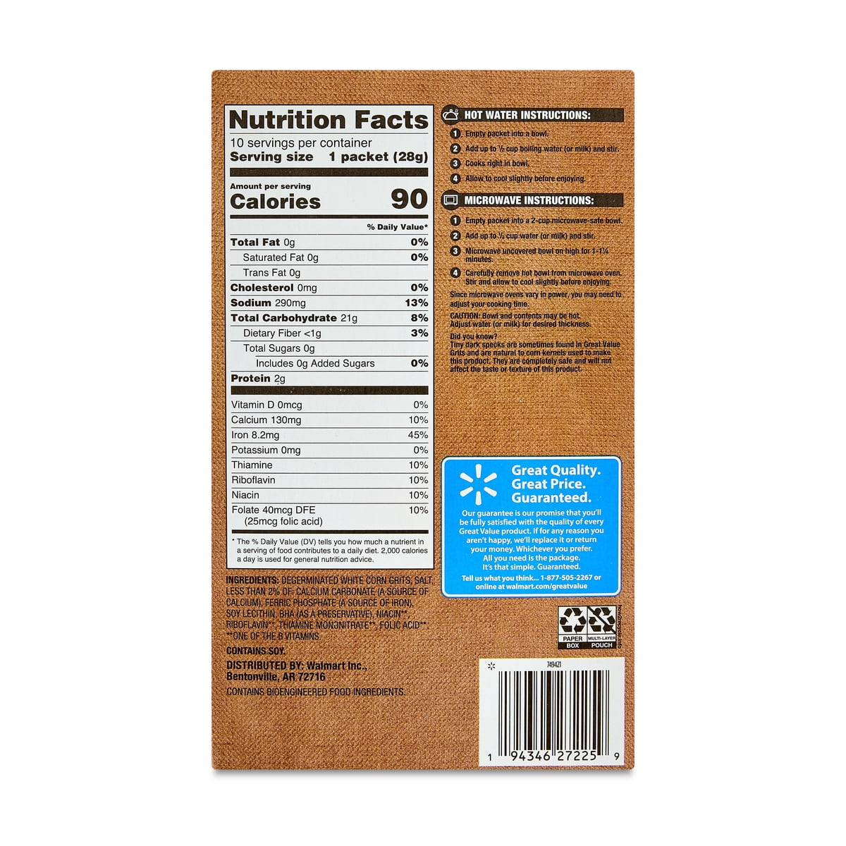 미국직구 Great Value 28g / Great Value Original Instant Grits, 28g Box, 10 Count (Shelf-Stable 5