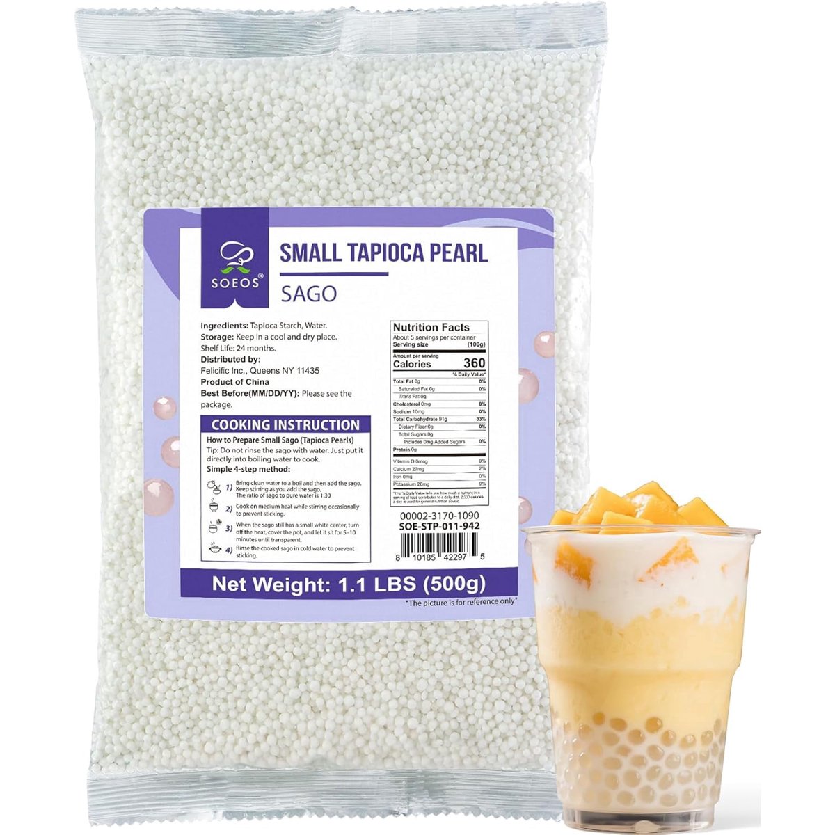 미국직구 Soeos Small Sago 차 500g / Soeos Small Sago Pearls Tapioca Pearls 1.1 lb (500g) – Quick-Cooking 1