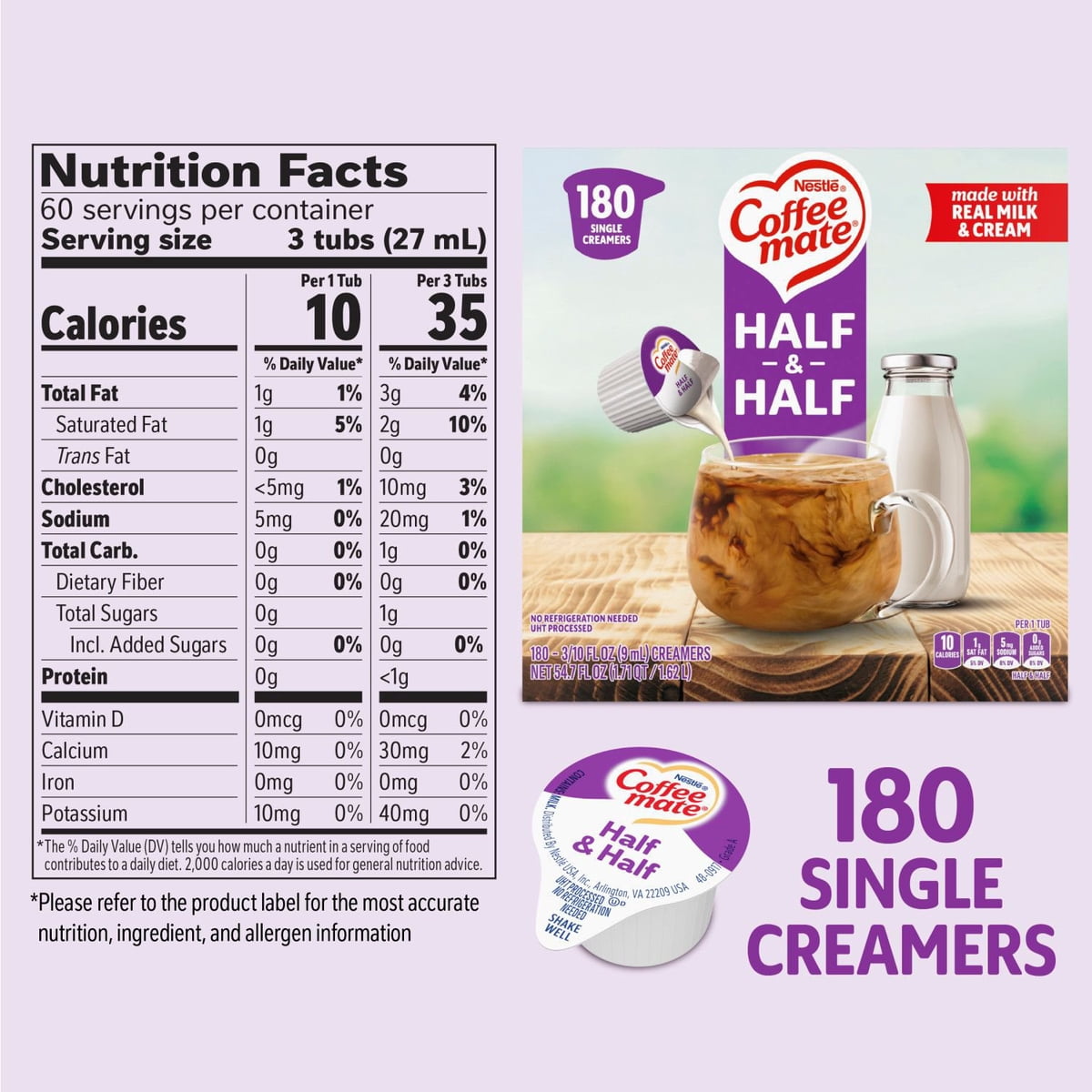 미국직구 Coffee mate Half 커피 9ml 180팩 / Coffee mate Half & Half Liquid Creamer Singles, 9ml, 1 5
