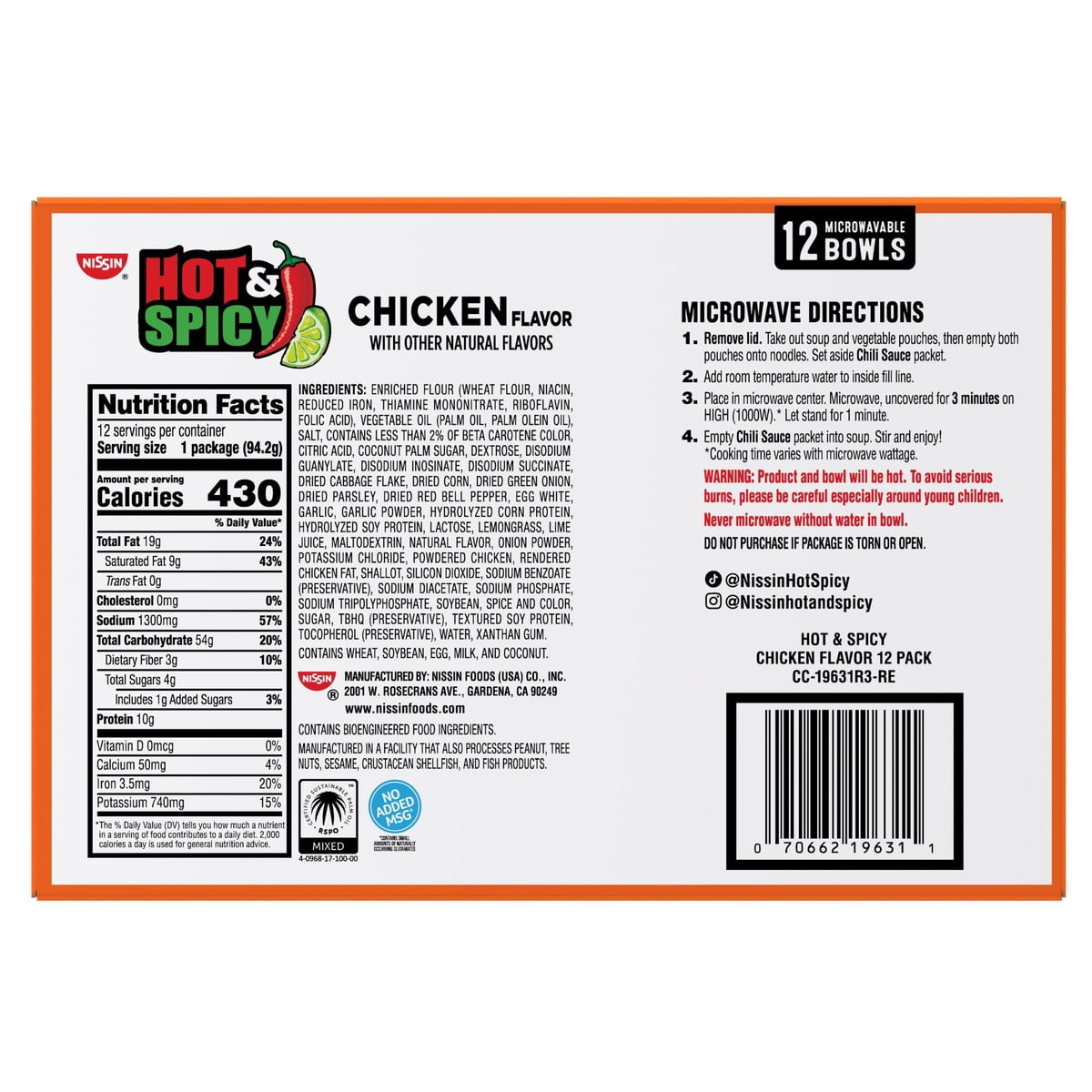 미국직구 Nissin Hot and 94g / Nissin Hot and Spicy Ramen Noodle Soup Bowl, Chicken Flavor, 94g 6