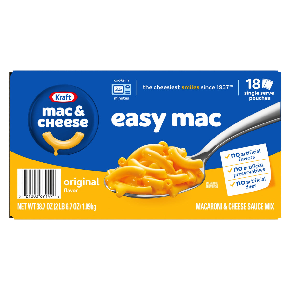 미국직구 (2 pack) Kraft Easy Mac and Cheese, 18 Packets, for Easy Dinner or Dinner Sides, Original Flavor, No Artificial Flavors, Preservatives or Dyes, 38.7 o