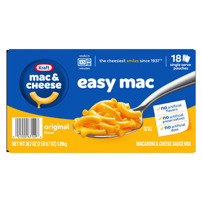 미국직구 (2 pack) Kraft Easy Mac and Cheese, 18 Packets, for Easy Dinner or Dinner Sides, Original Flavor, No Artificial Flavors, Preservatives or Dyes, 38.7 o