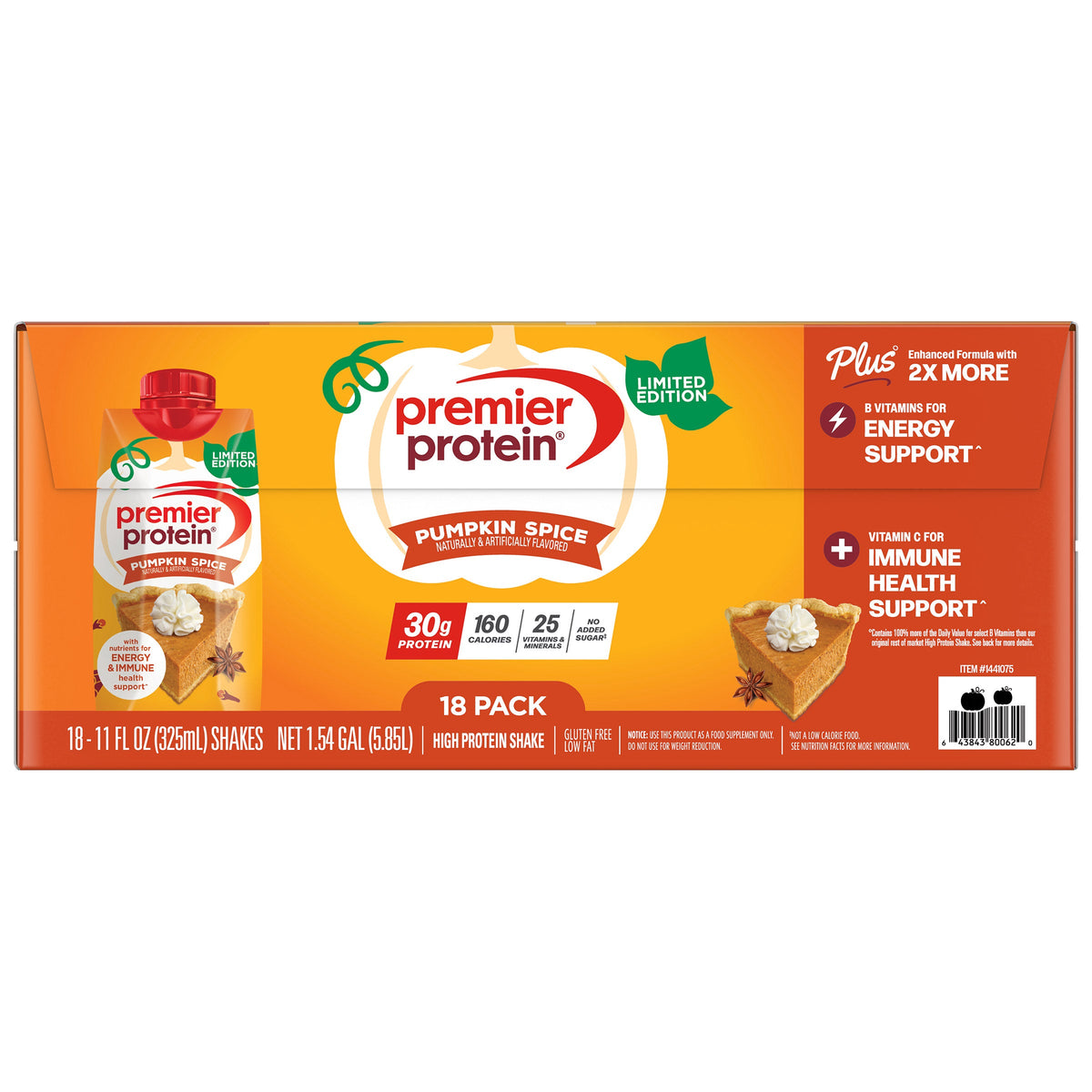 미국직구 프리미어 프로틴 단백질 쉐이크 음료 펌킨스파이스 Premier 30g Protein PLUS Energy and Immune Support Shakes 11 fl. oz., 18-pack, Pumpkin Spice