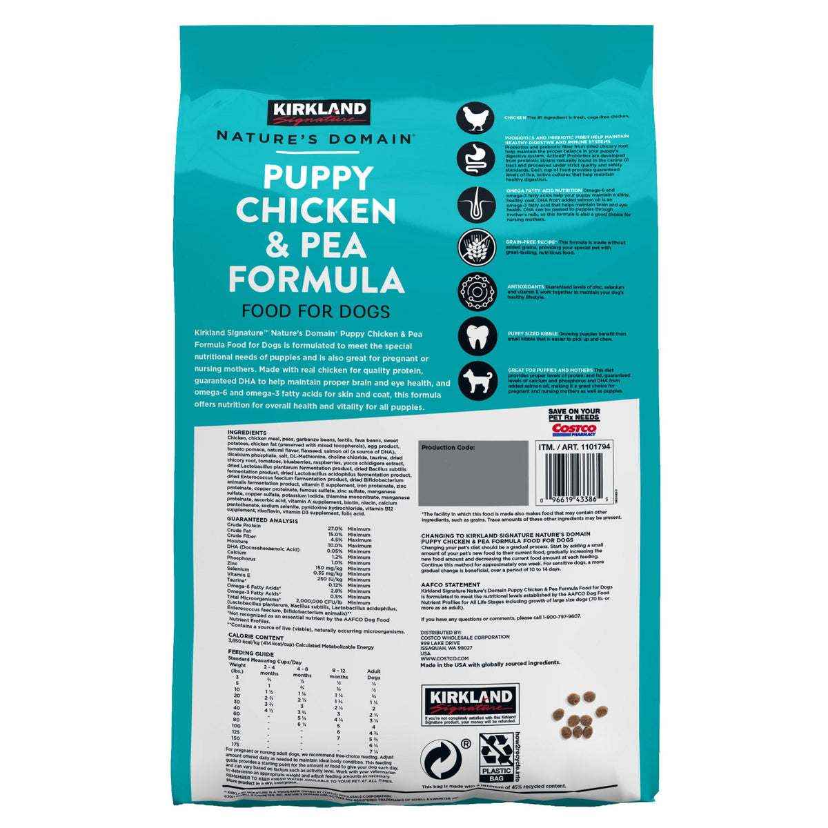 미국직구 커클랜드 강아지 사료 Kirkland Signature Nature's Domain Puppy Formula Chicken & Pea Dog Food 20 lb.