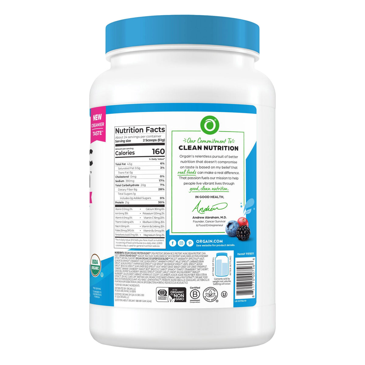 미국직구 오르가인 단백질 쉐이크 파우더 바닐라 Orgain Organic Protein and Superfoods Plant Based Protein Powder, Vanilla Bean, 2.7 lbs