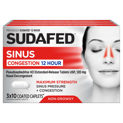 미국직구 생활건강 Sudafed Maximum Strength 12-Hour Sinus Decongestant, 120 mg Pseudoephedrine HCl, 30 Caplets