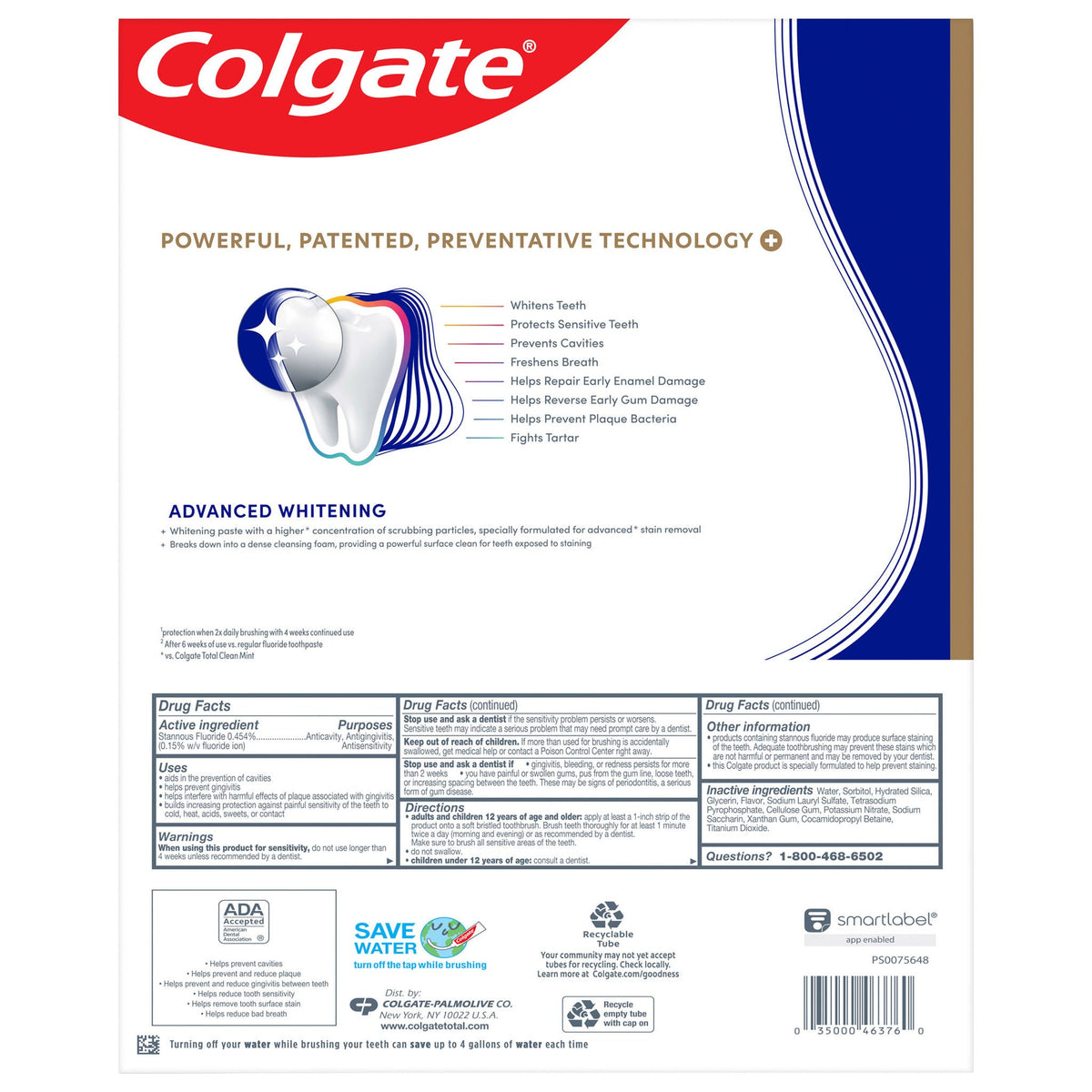 미국직구 콜게이트 치약 Colgate Total Active Prevention Plus Advanced Whitening Toothpaste, 6.4 oz, 5-pack