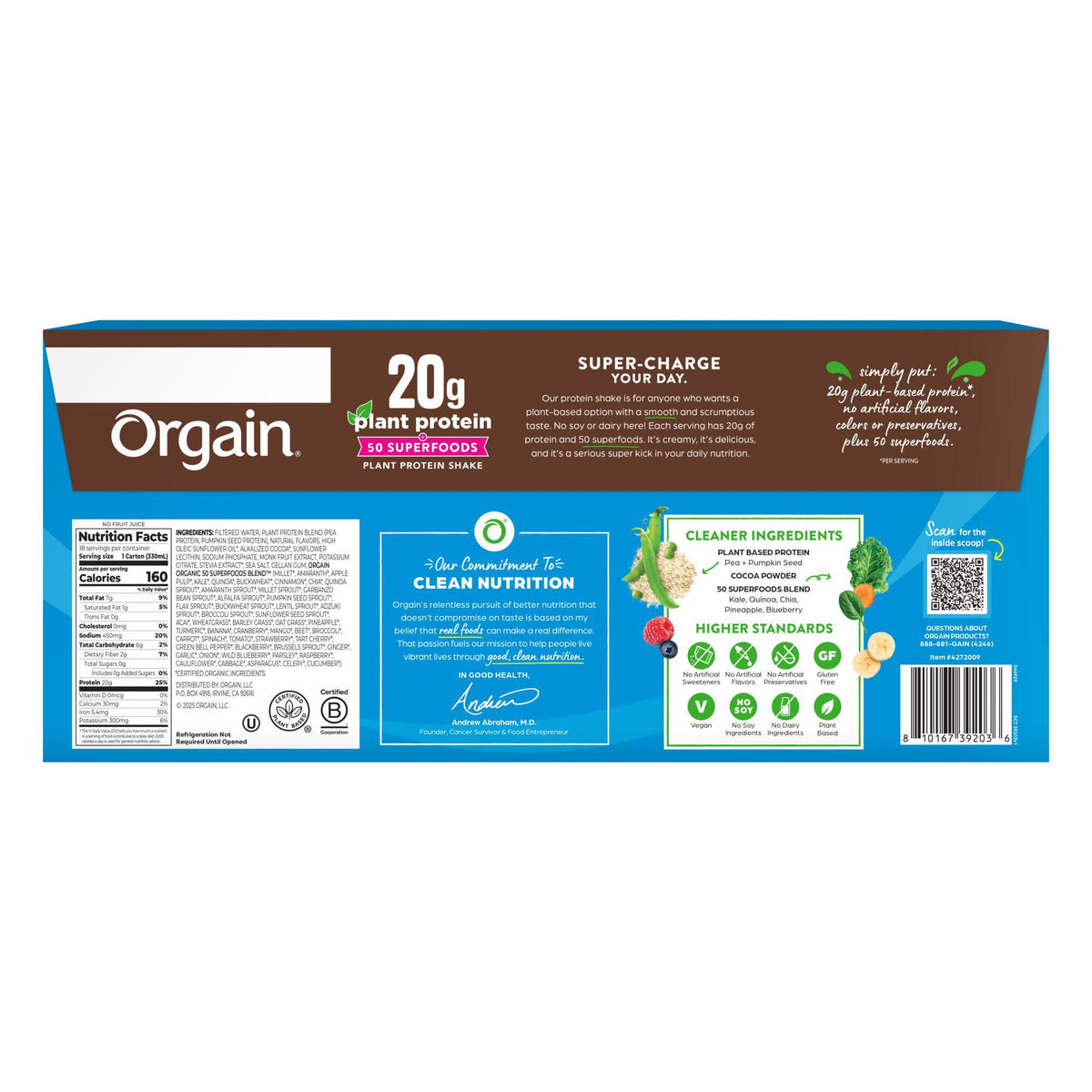 미국직구 오르가인 단백질 쉐이크 음료 초콜릿 Orgain Plant-Based Protein Shake Creamy Chocolate, 11 fl oz, 18-pack