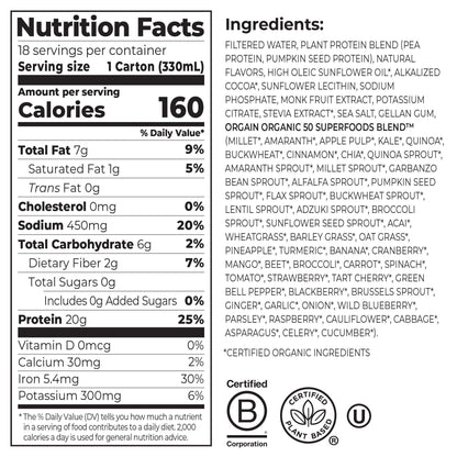 미국직구 오르가인 단백질 쉐이크 음료 초콜릿 Orgain Plant-Based Protein Shake Creamy Chocolate, 11 fl oz, 18-pack