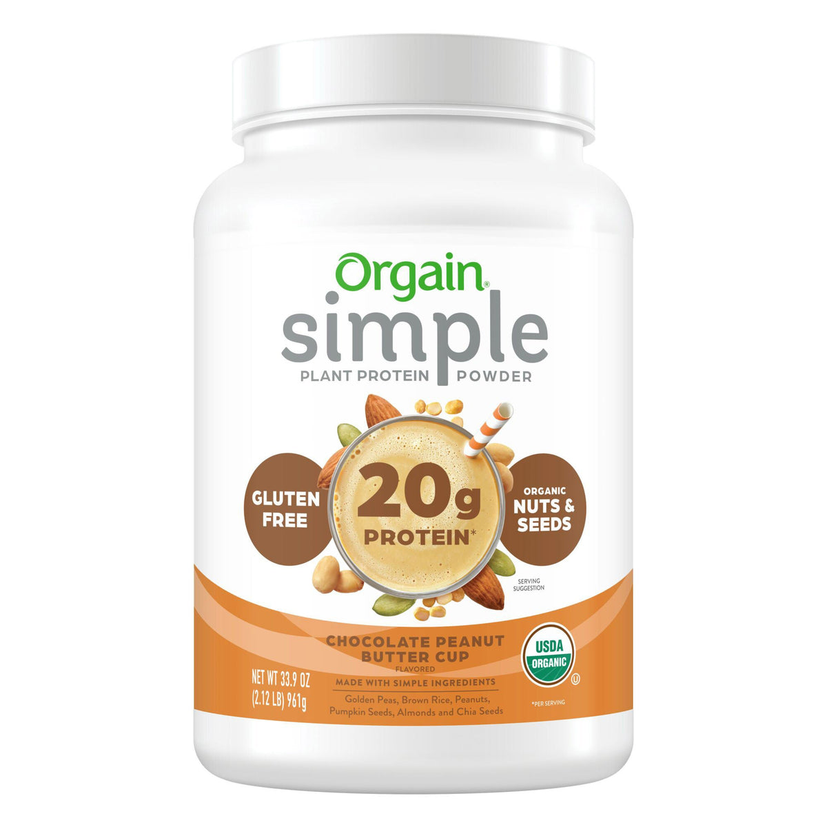 미국직구 오르가인 단백질 쉐이크 파우더 초콜릿 땅콩버터 Orgain USDA Organic Simple Plant Protein Powder, Chocolate Peanut Butter Cup, 2.12 lbs