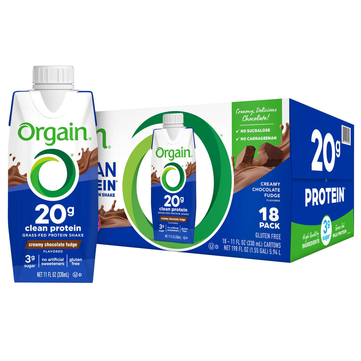 미국직구 오르가인 단백질 쉐이크 음료 초콜릿 Orgain Clean Grass Fed Protein Shake, Creamy Chocolate Fudge, 11 fl oz, 18-pack