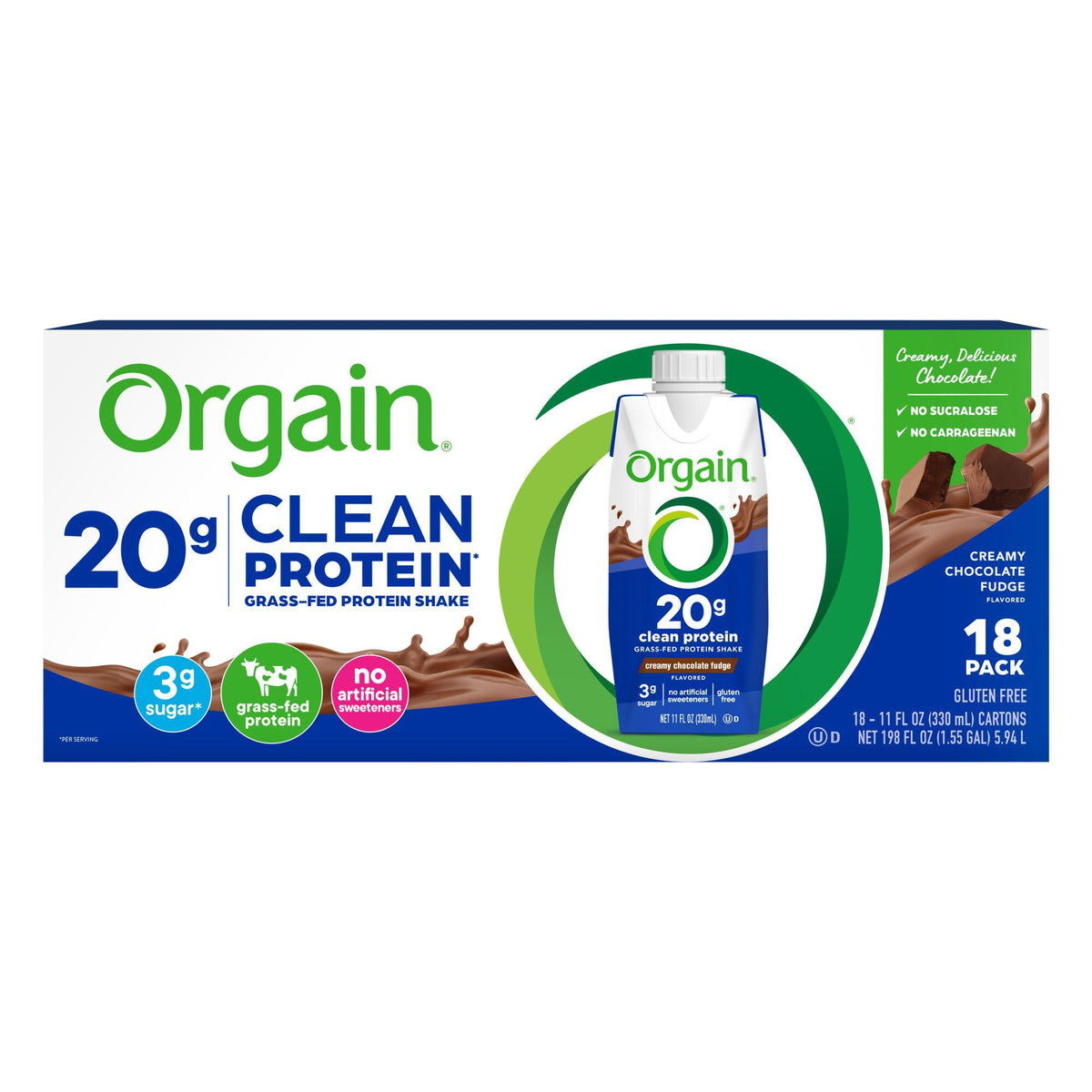 미국직구 오르가인 단백질 쉐이크 음료 초콜릿 Orgain Clean Grass Fed Protein Shake, Creamy Chocolate Fudge, 11 fl oz, 18-pack