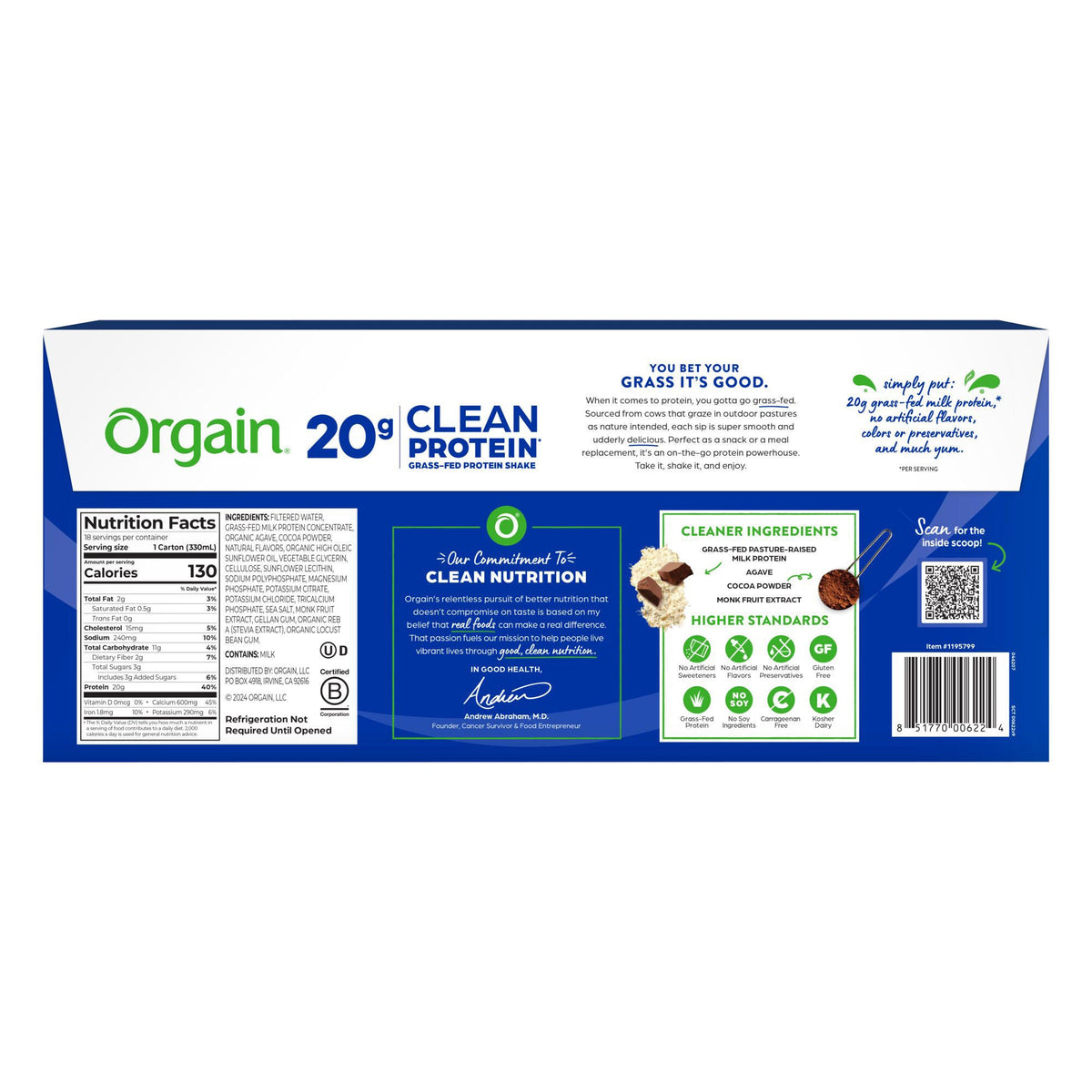미국직구 오르가인 단백질 쉐이크 음료 초콜릿 Orgain Clean Grass Fed Protein Shake, Creamy Chocolate Fudge, 11 fl oz, 18-pack