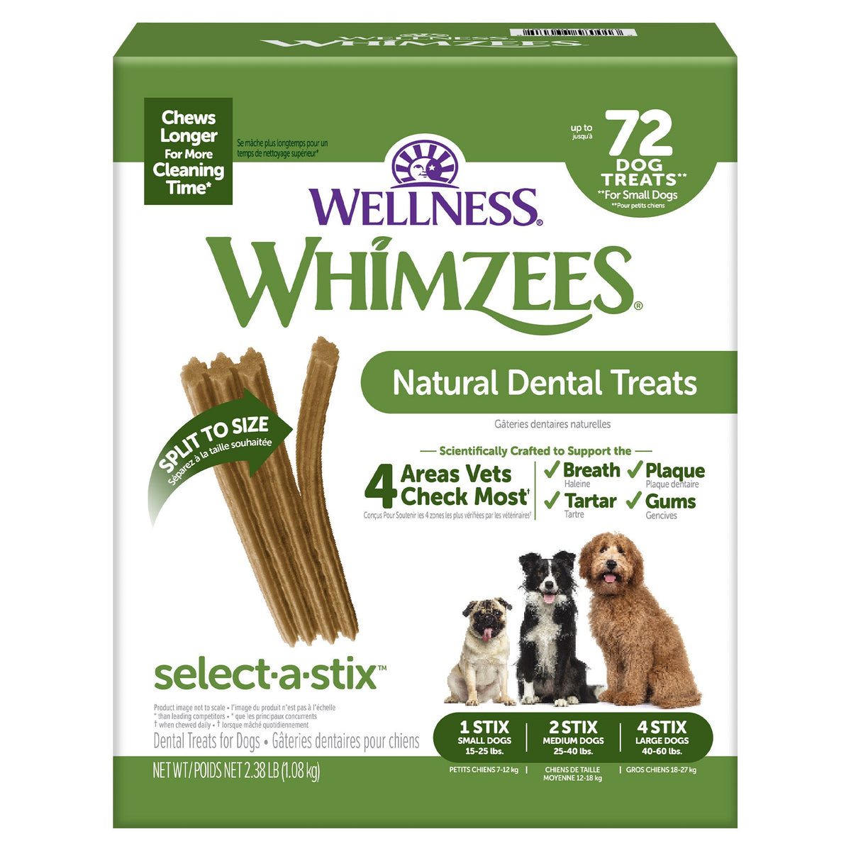 미국직구 윔지스 반려견 해충·구충 Whimzees Natural Dental Chew Stick, 72-count