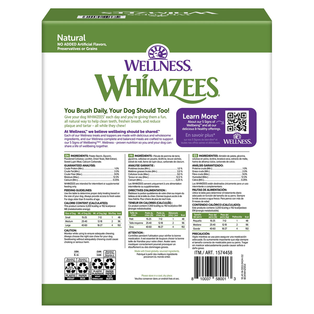 미국직구 윔지스 반려견 해충·구충 Whimzees Natural Dental Chew Stick, 72-count