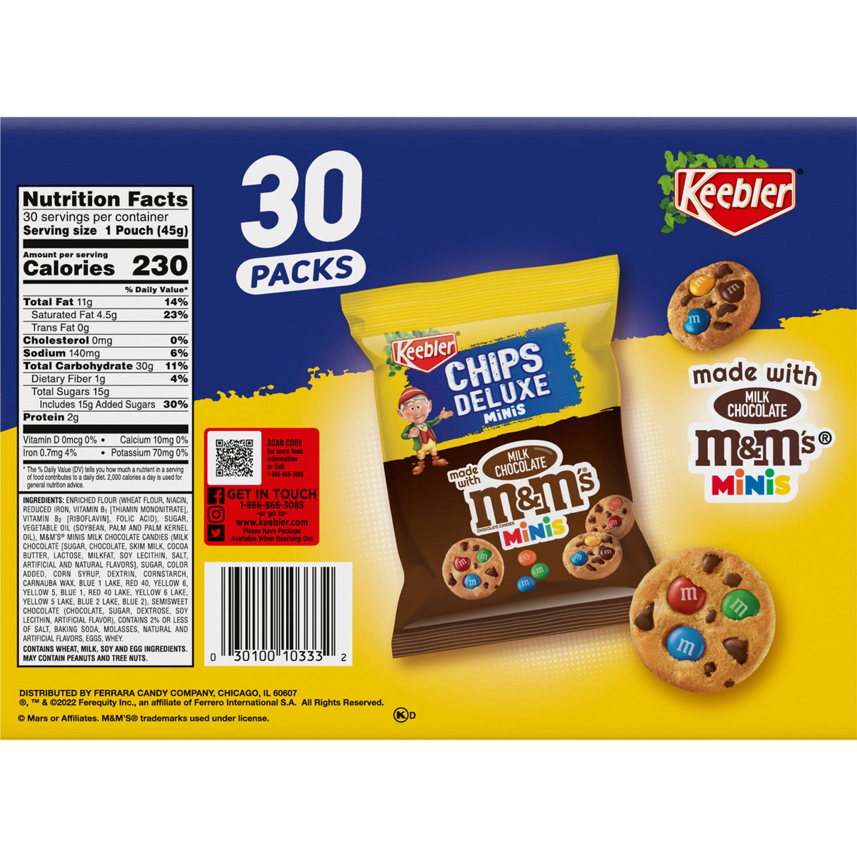 미국직구 엠앤엠즈 Keebler Chips Deluxe Bite-sized Cookies with Milk Chocolate 'S, 1.6 oz, 30 ct