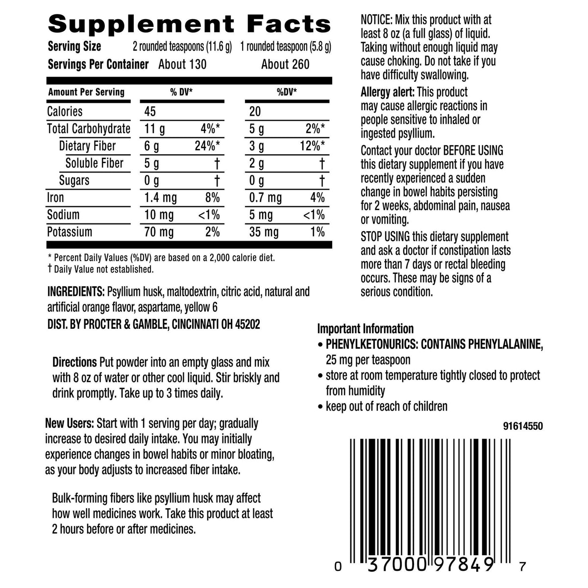 미국직구 메타뮤실 식이섬유 Metamucil Fiber Supplement, Orange Sugar Free, 260 Servings