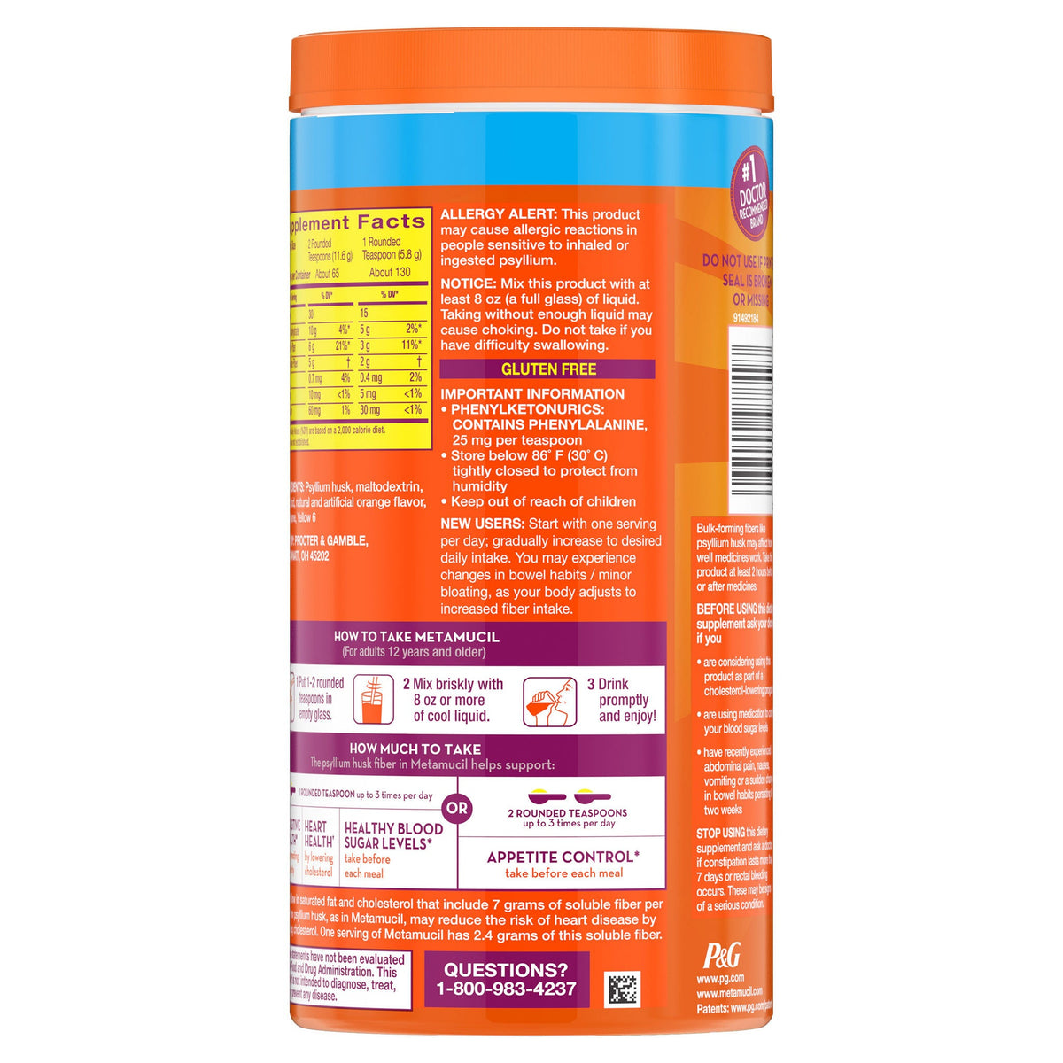 미국직구 메타뮤실 식이섬유 Metamucil Fiber Supplement, Orange Sugar Free, 260 Servings