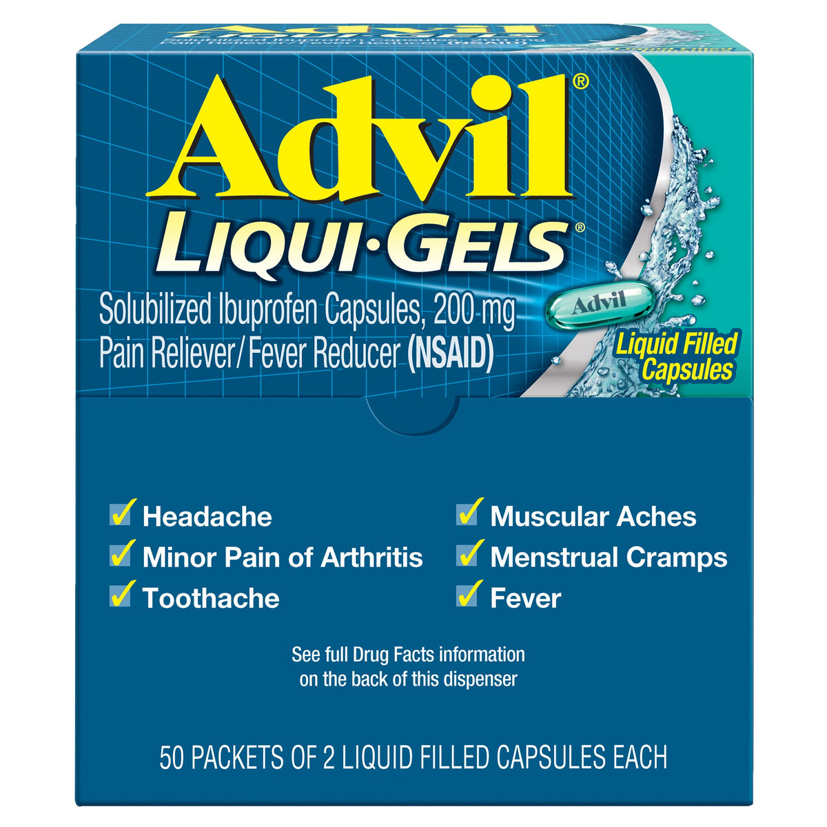 미국직구 애드빌 생활건강 Advil Liqui-Gels Ibuprofen Dispenser Box, 2 Capsules, 50-count