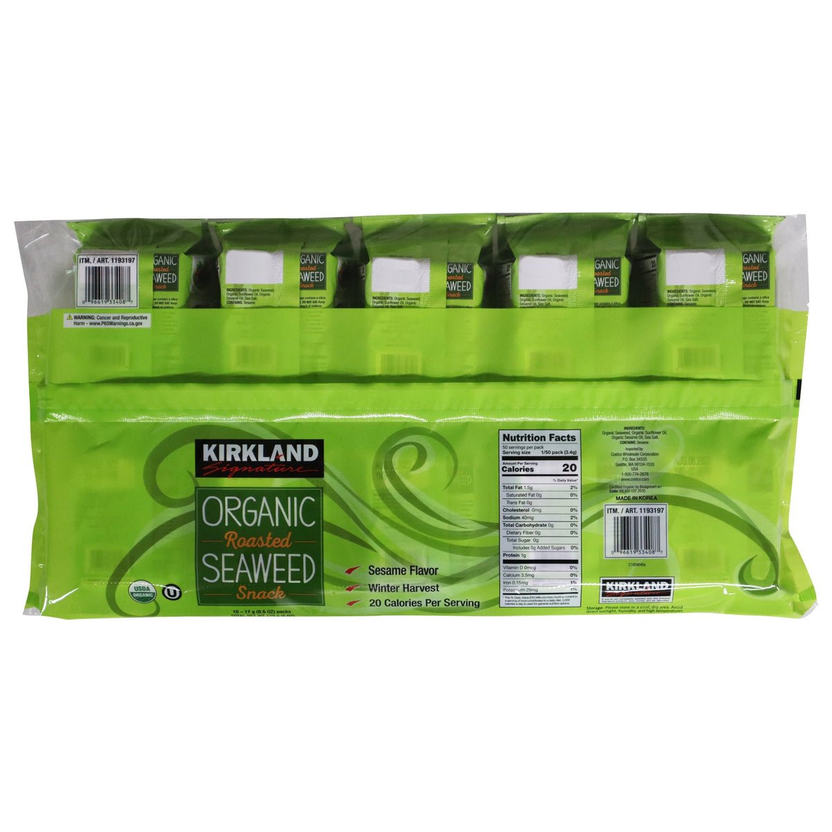 미국직구 Kirkland Signature Organic Roasted Seaweed with Sesame Oil, 0.60 oz, 10 ct