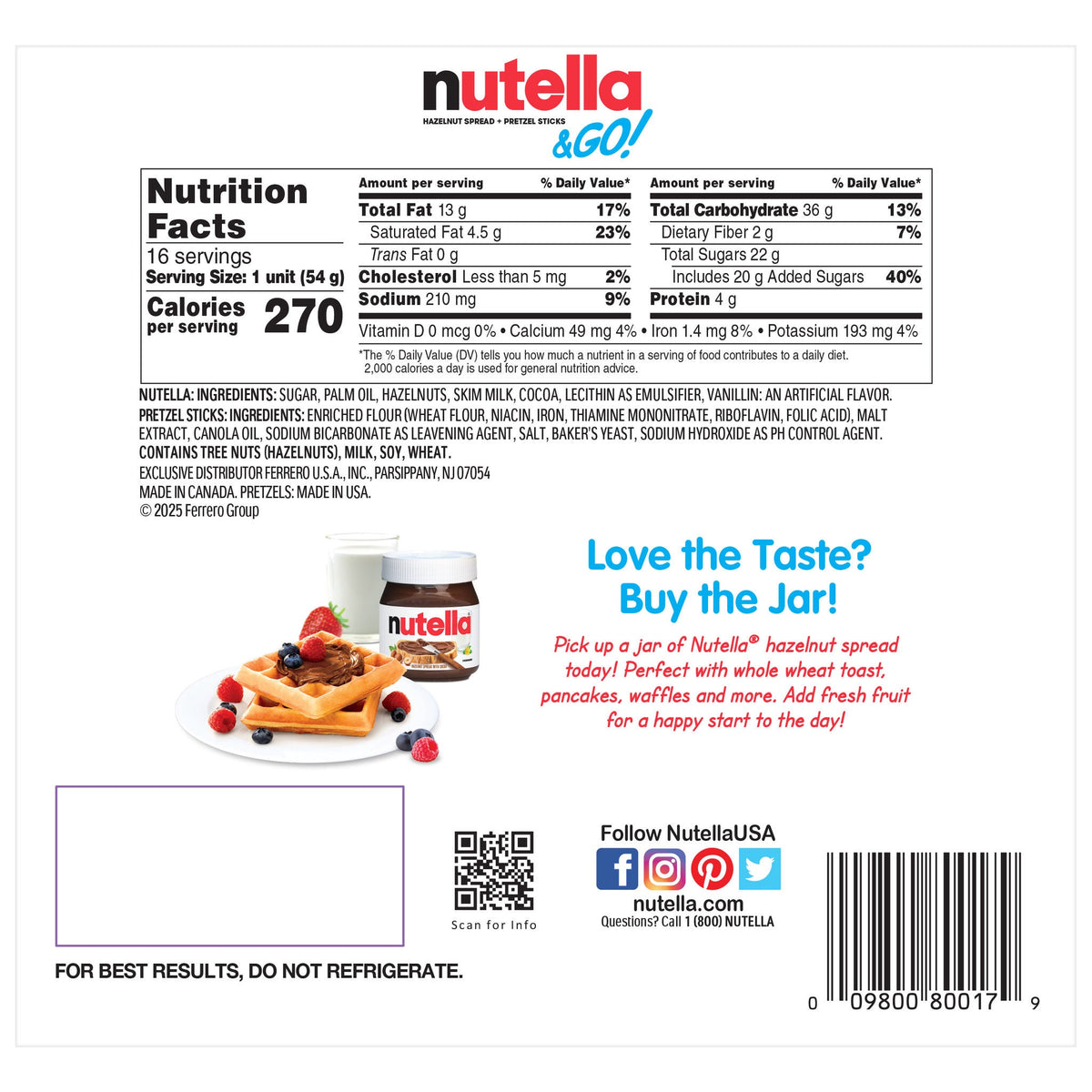 미국직구 Nutella & Go Hazelnut Spread with Breadsticks, 1.8 oz, 16 ct