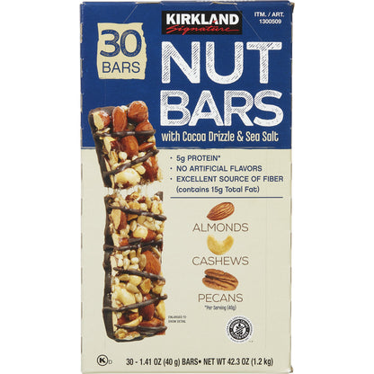 미국직구 Kirkland Signature Nut Bars with Cocoa Drizzle & Sea Salt, 1.41 oz, 30 ct