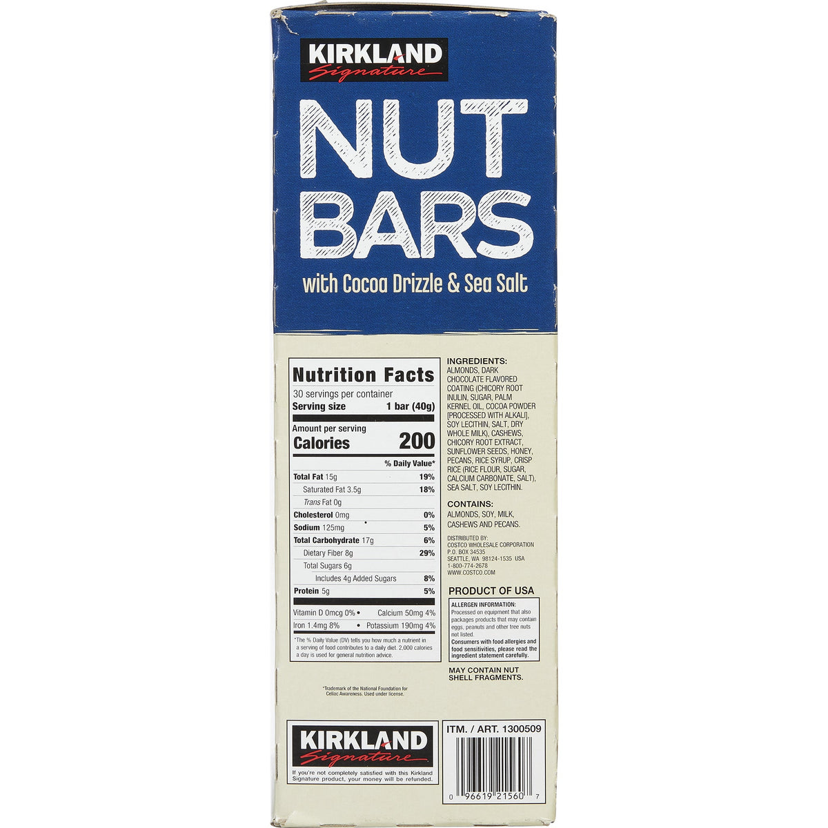 미국직구 Kirkland Signature Nut Bars with Cocoa Drizzle & Sea Salt, 1.41 oz, 30 ct