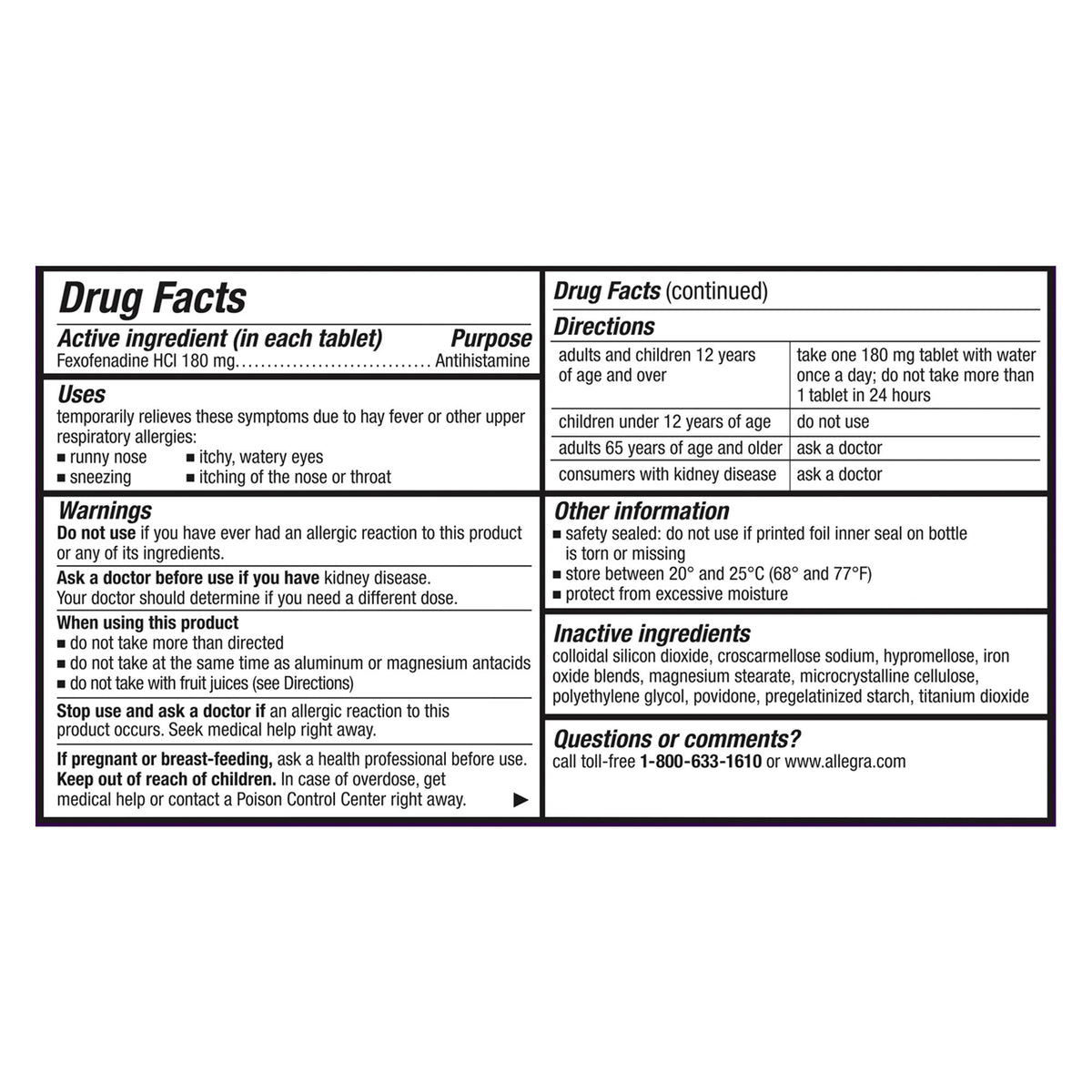 미국직구 알레그라 알레르기약 Allegra Allergy Non-Drowsy, 110 Tablets