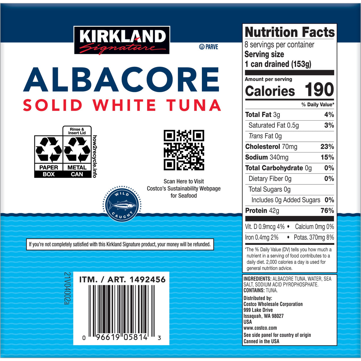 미국직구 Kirkland Signature Albacore Solid White Tuna in Water, 7 oz, 8 ct
