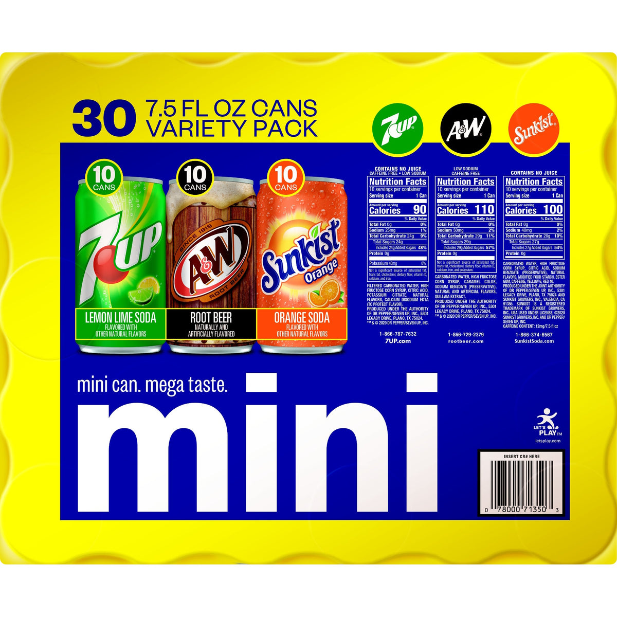 미국직구 7UP, A&W, Sunkist Mini Can Variety Pack, 7.5 fl oz, 30 ct