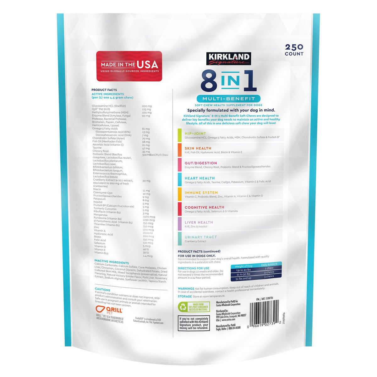 미국직구 커클랜드 강아지 영양제 Kirkland Signature 8-In-1 Multi-Benefit Soft Chews For Dogs, 250-count