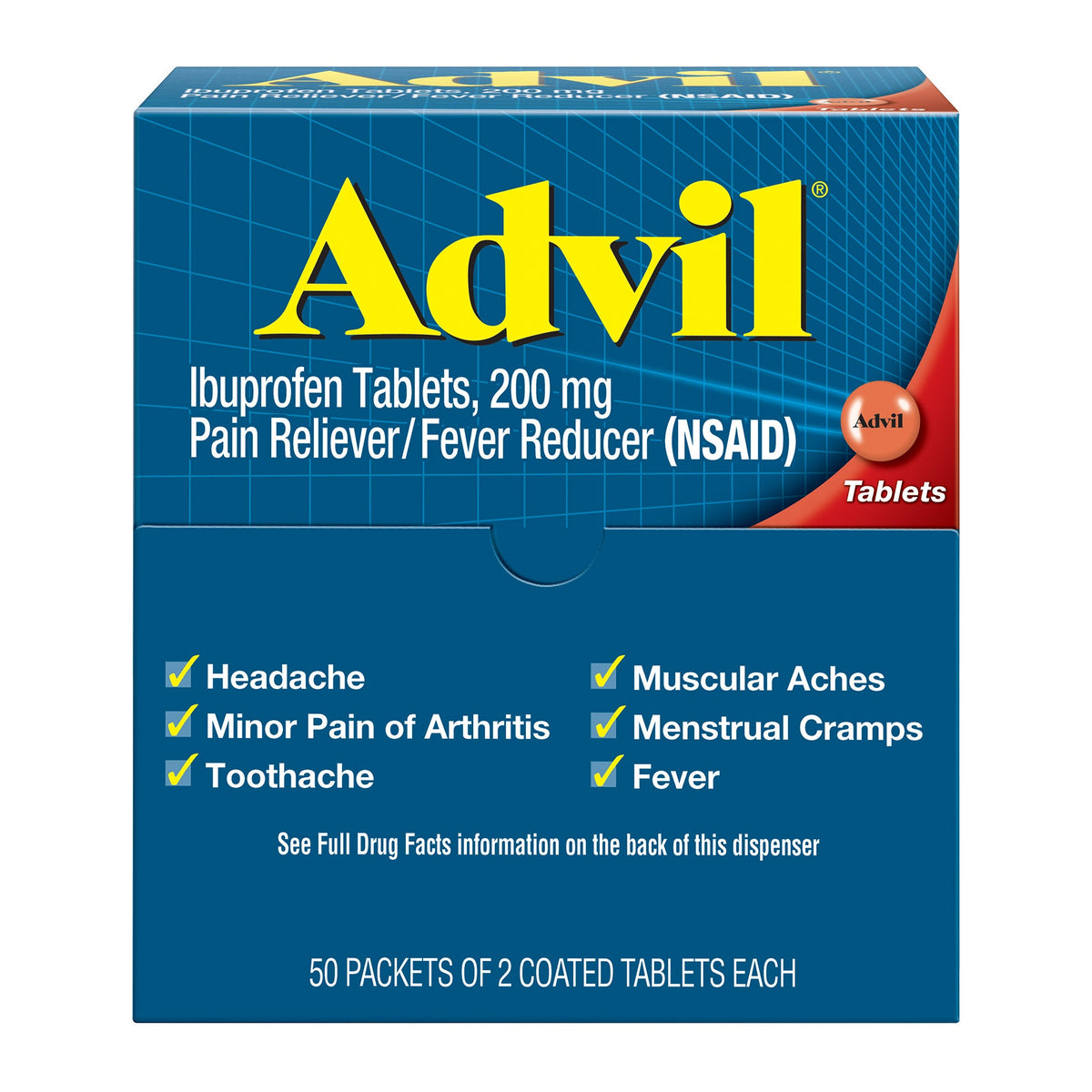 미국직구 애드빌 생활건강 Advil Ibuprofen, 200mg, 50 Packets of 2 Coated Tablets