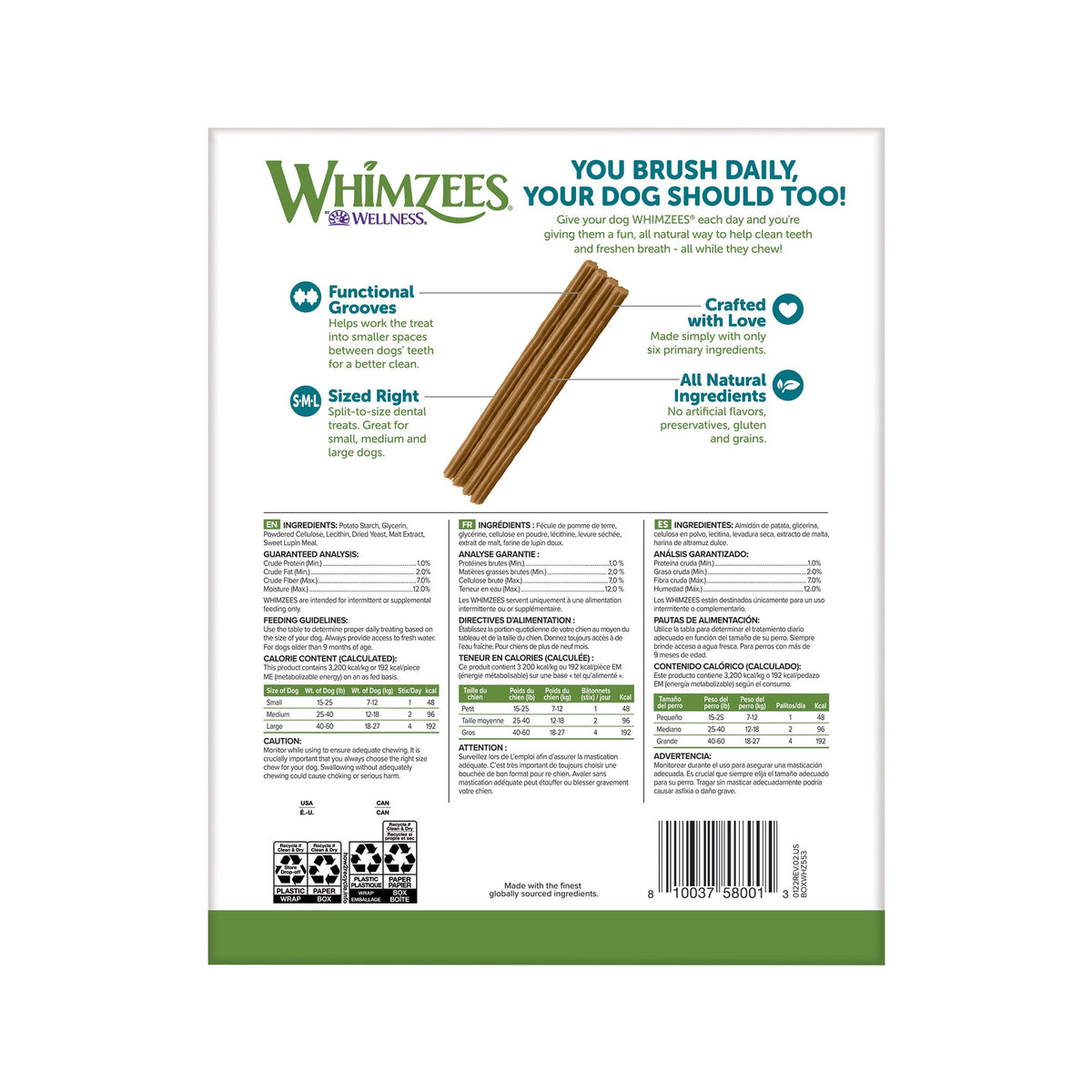 미국직구 윔지스 반려견 해충·구충 Whimzees Natural Dental Chew Stick, 72-count