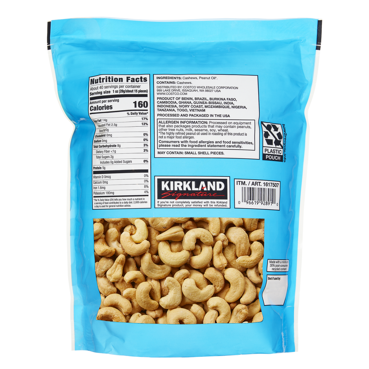 미국직구 Kirkland Signature Fancy Whole Cashews, Unsalted, 40 oz