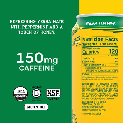 미국직구 Yerba Madre Organic Yerba Mate Herbal Tea, Enlighten Mint, 15.5 fl oz, 12 ct