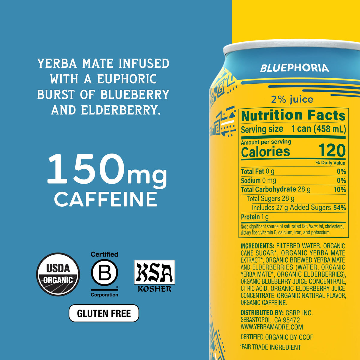 미국직구 Yerba Madre Organic Yerba Mate Herbal Tea, Bluephoria, 15.5 fl oz, 12 ct