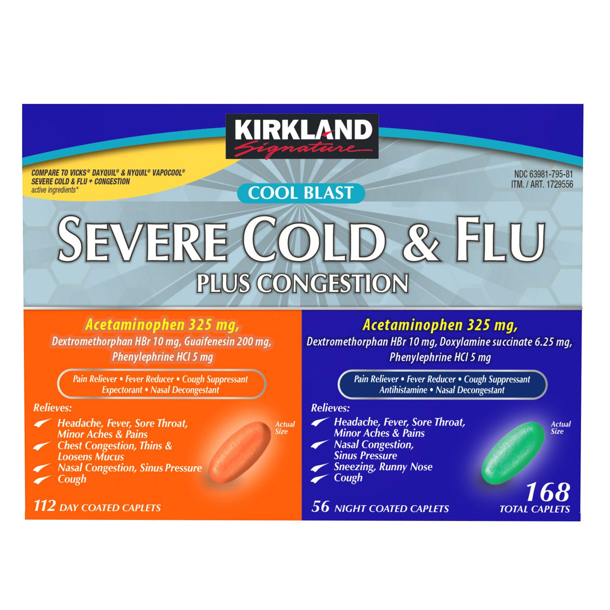 미국직구 커클랜드 감기약 Kirkland Signature Cool Blast Severe Cold & Flu Day & Night, 168 Caplets