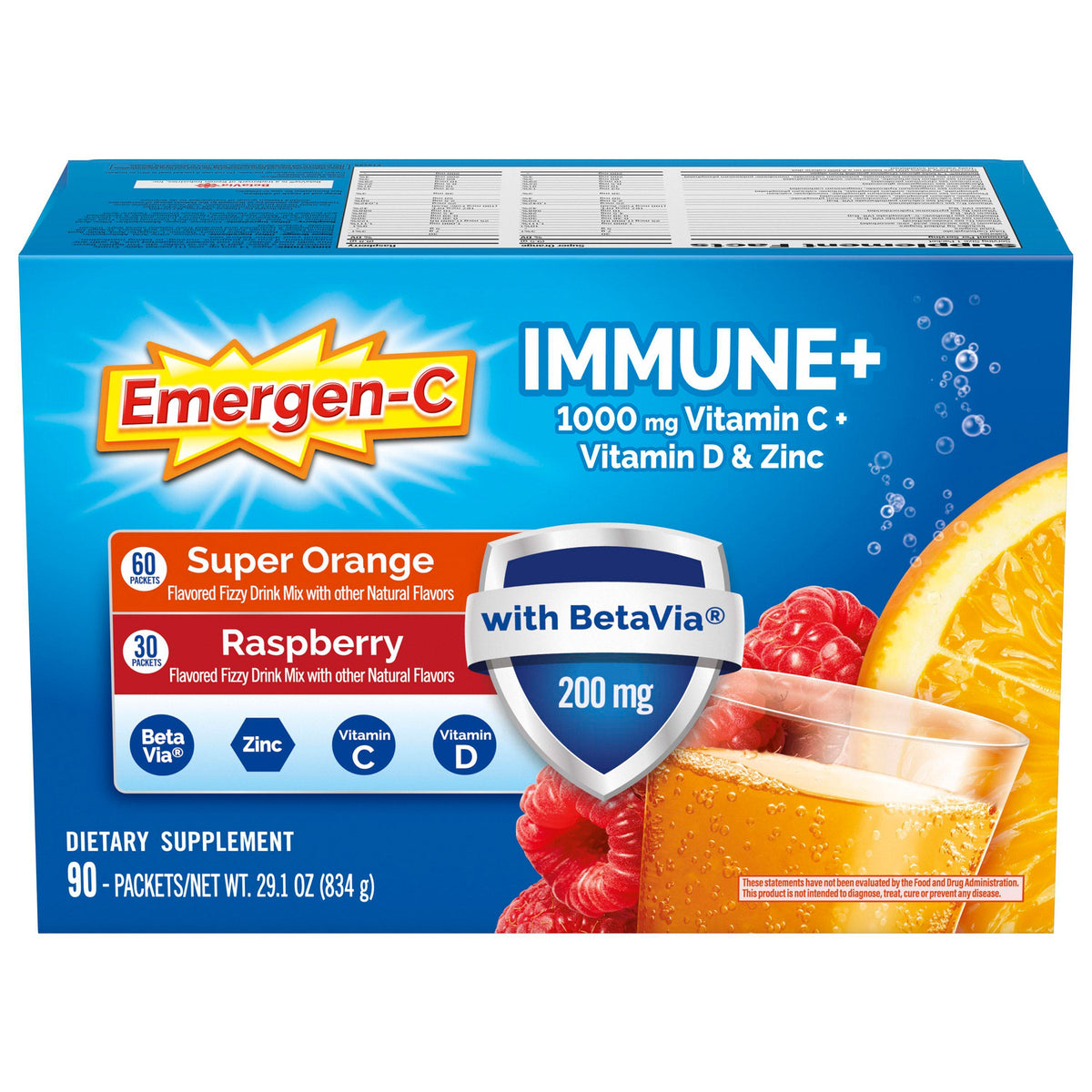 미국직구 이머전씨 비타민C Emergen-C Immune+ 1000 mg Vitamin C + Vitamin D & Zinc, 90 Packets