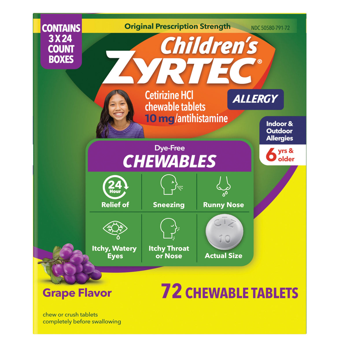 미국직구 지르텍 알레르기약 Children's Zyrtec Allergy Cetirizine HCl 10 mg Dye-Free Grape Flavored Chewables, 72 Tablets