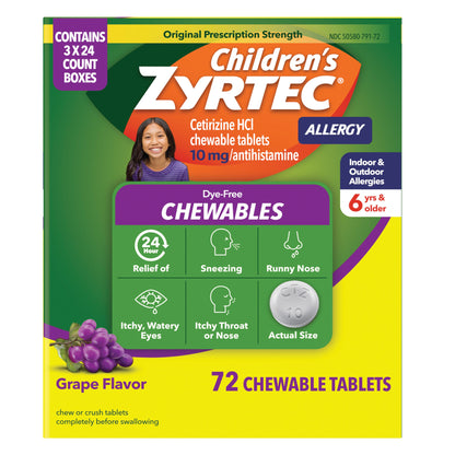 미국직구 지르텍 알레르기약 Children's Zyrtec Allergy Cetirizine HCl 10 mg Dye-Free Grape Flavored Chewables, 72 Tablets