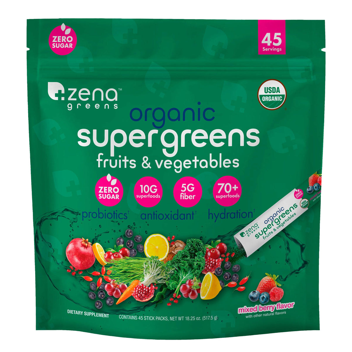미국직구 영양제 Zena USDA Organic Supergreens Fruits & Vegetables Powder, 45 Stick Packets
