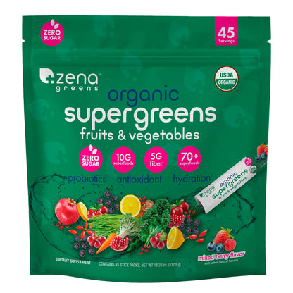 미국직구 영양제 Zena USDA Organic Supergreens Fruits & Vegetables Powder, 45 Stick Packets
