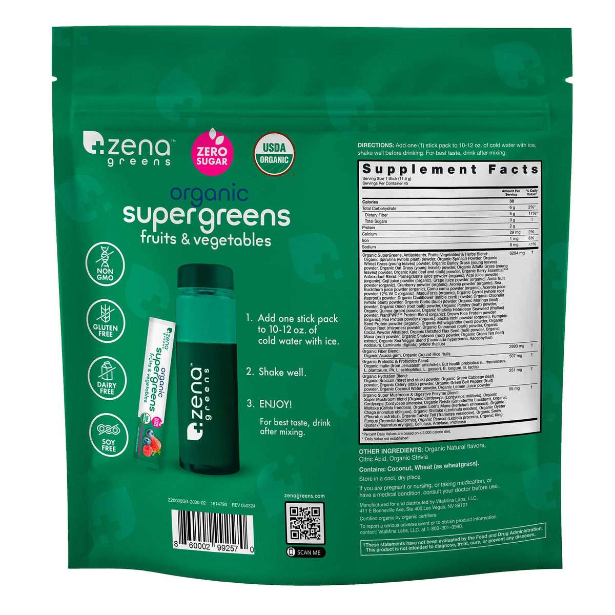 미국직구 영양제 Zena USDA Organic Supergreens Fruits & Vegetables Powder, 45 Stick Packets