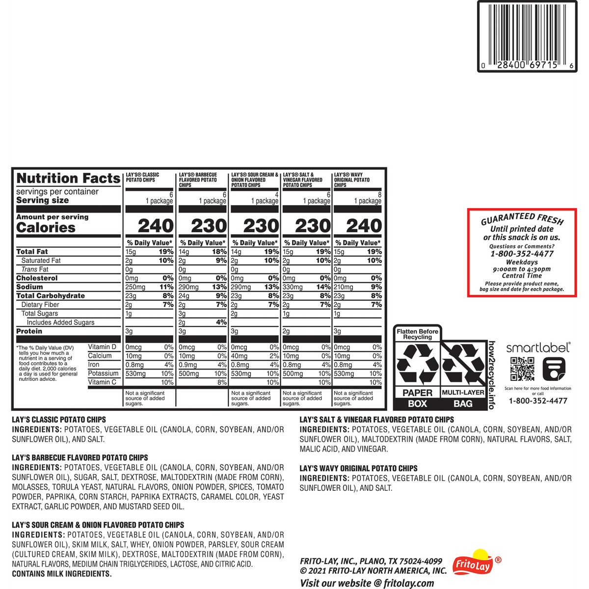 미국직구 레이즈 Frito-Lay  Potato Chips, Variety Pack, 1.5 oz, 30 ct