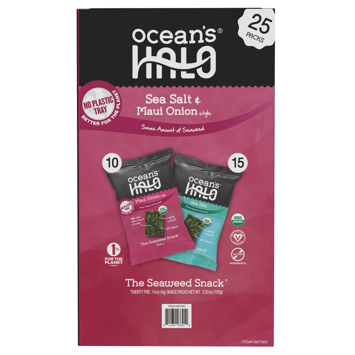 미국직구 Ocean's Halo Organic Seaweed Snack, Maui Onion & Sea Salt, 0.14 oz, 25 ct