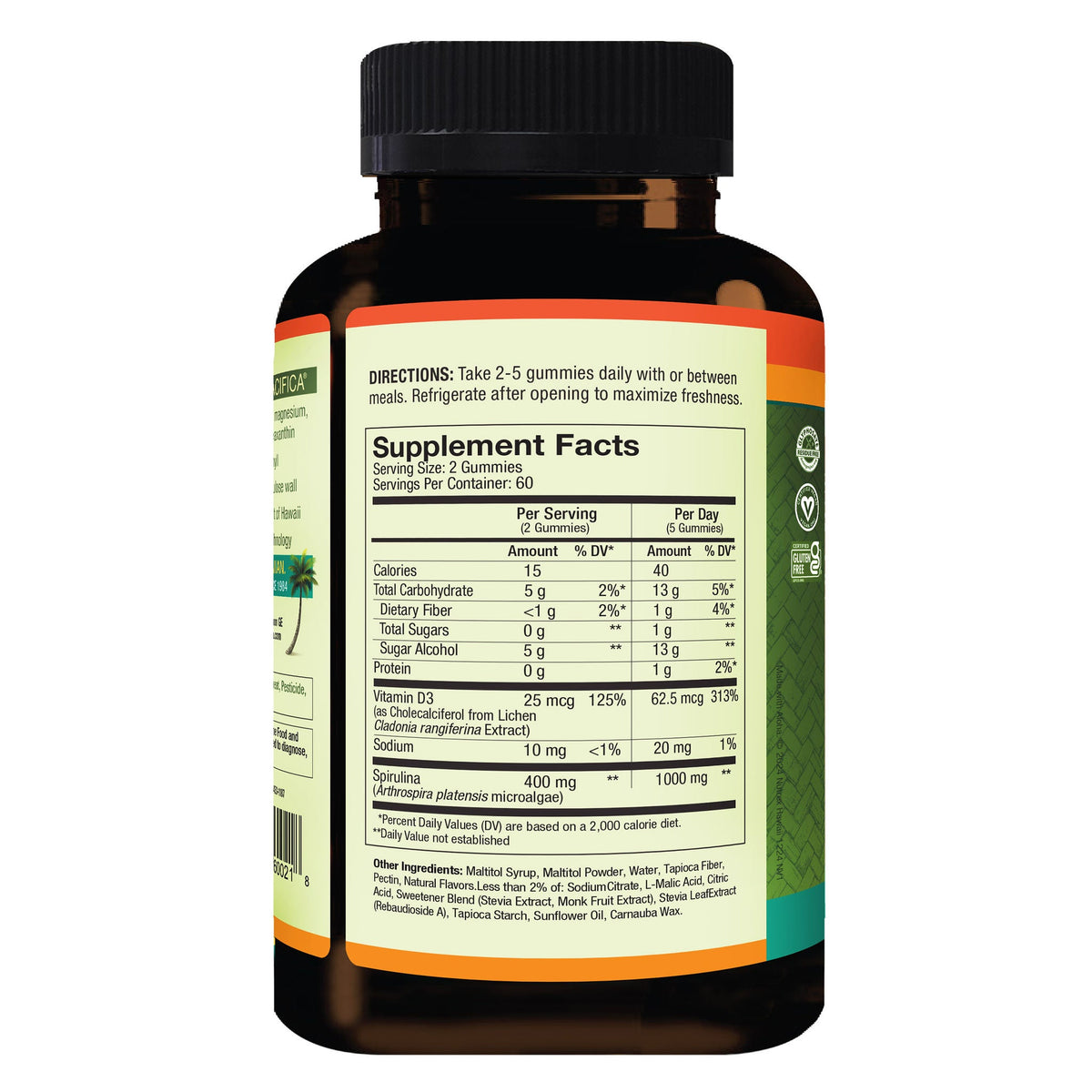 미국직구 비타민D Pure Hawaiian Spirulina Plus Vitamin D3 200 mg,  120 Gummies, Tropical