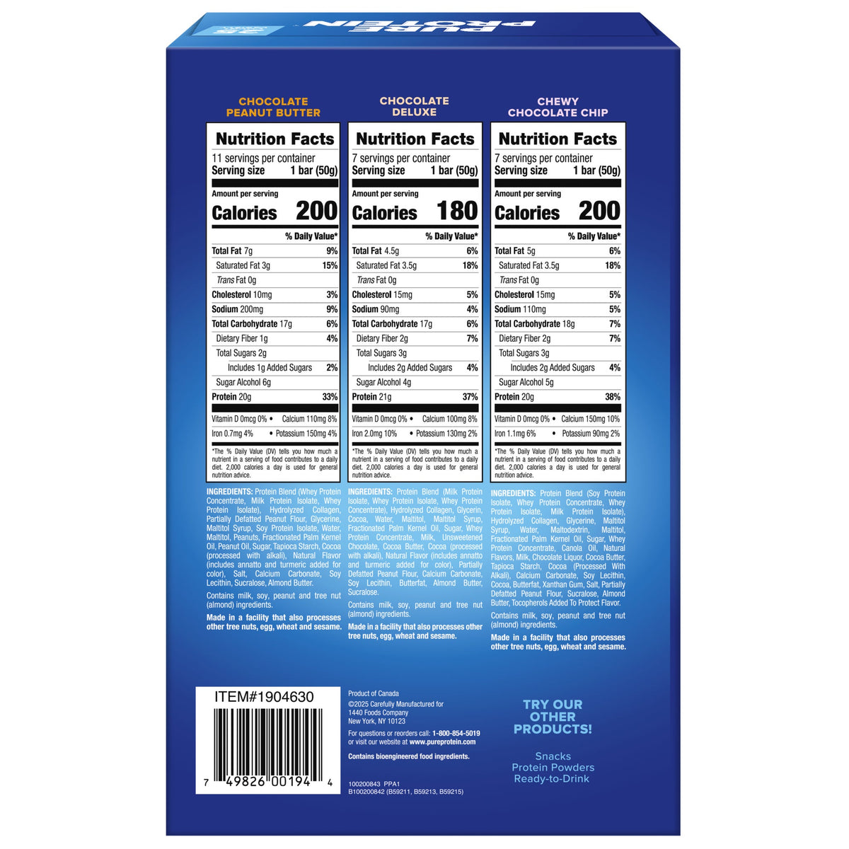 미국직구 Pure Protein Bars, 20-21g Protein, Variety Pack, 1.76 oz, 25 ct
