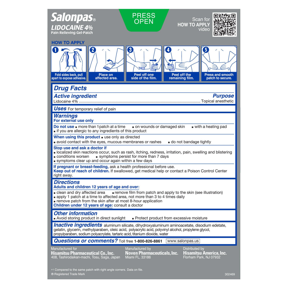 미국직구 살론파스 외용 파스·겔 Salonpas LIDOCAINE 4% Pain Relieving Gel-Patch, 30 Patches